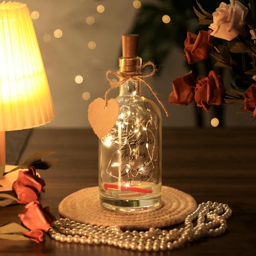 Yizhet Garrafa iluminada com texto, 22,5 cm x 8,2 cm, claro, com tampa de luzes LED fio de cobre 2 m, branco quente, 3 modos, decoração para festa de aniversário Natal São Valentino