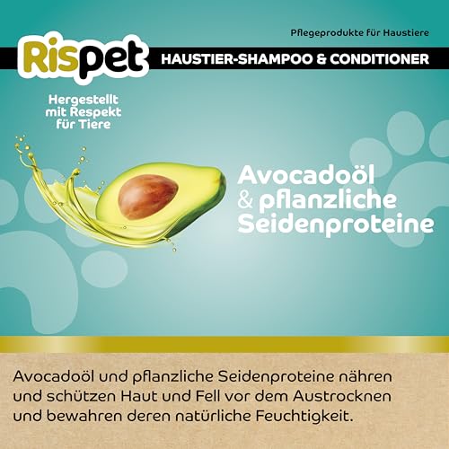 RISPET Shampoo und Spülung, Avocado und Seide, Wasch- und Desinfektionsmittel für Hunde und kurzhaarige Tiere, Zarte Formel ohne Allergene und ausgeglichener pH-Wert, Talkum-Duft, 370 ml