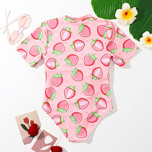 Kids Girls Strawberry Print Short Sleeve Zipper Swimsuit One Piece UPF 50+ Rash Guard Lightweight Beach Swimwear3