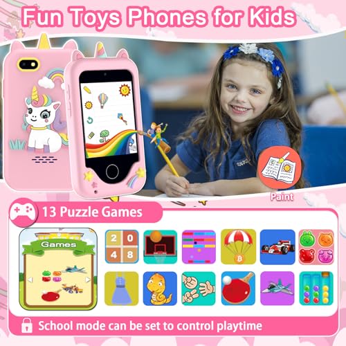 Image of Kids Phone for Girls, Toys for 3-10 Year Old Girls Christmas Birthday Gifts | Touchscreen Toddler Smartphone, Portable Learning Toys, Kids Toys Play Cell Phone with Dual Camera, Games, Music, 8GB Card