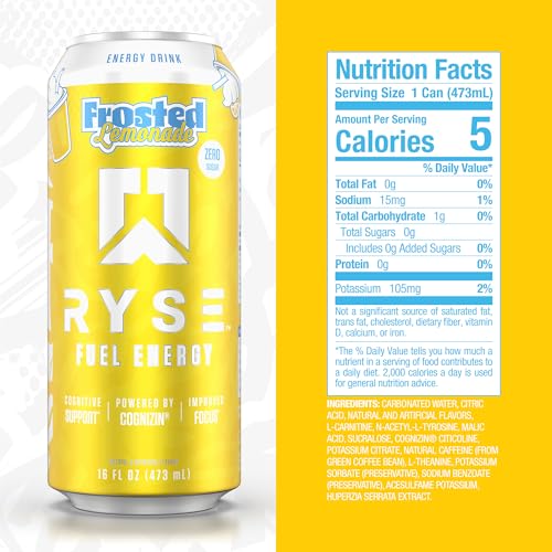Image of RYSE Fuel Energy Drink - Frosted Lemonade - Sugar Free - 200mg Natural Caffeine, New Formula to Supports Cognitive Health & Improves Focus - No Artificial Colors - 16 fl oz Cans (12-Pack)