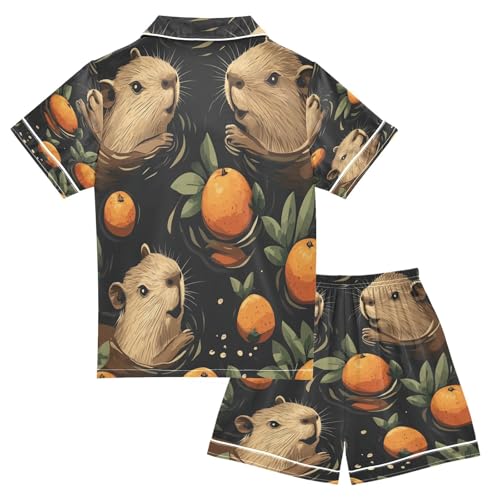 Satin Pajama Sets Short Sleeve Animals Swimming with Oranges Button Down Silky Nightwear 2 Piece PJS 5-14Y2