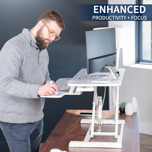 Image of VIVO 36 inch Desk Converter, K Series, Height Adjustable Sit to Stand Riser, Dual Monitor and Laptop Workstation with Wide Keyboard Tray, White Dry Erase, DESK-V036KWE