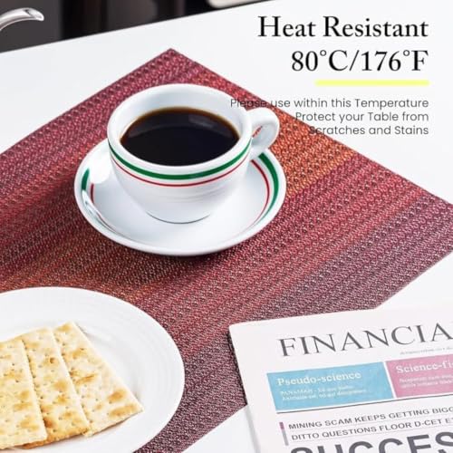 Image of Potency Table Mats Set of 6, Woven Placemats for Dining Table, Heat-Resistant, Stain-Resistant, Anti-Skid, Washable PVC Table Mats, Vinyl Placemats for Dining, Kitchen & Restaurant Table (H Red)