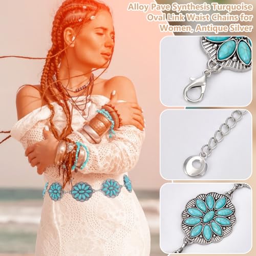 UNICRAFTALE Boho Turquoise Belt Turquoise Belt for Women Western Turquoise Oval Link Waist Belts Chains Metal Belly Link Antique Silver Adjustable Waist Belt for Dress and Jeans 61cm Long4