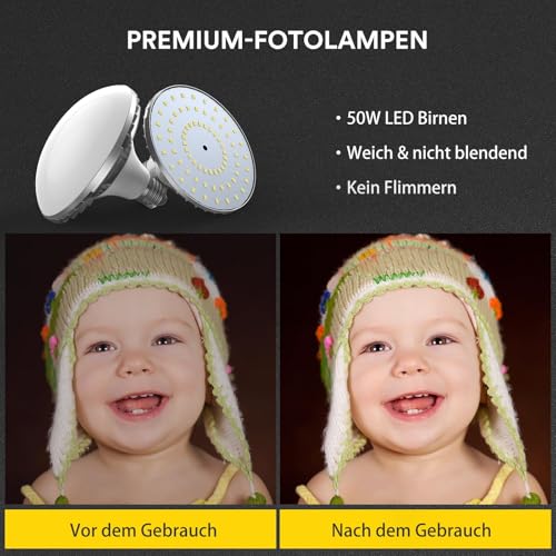 RALENO Softboxen, 2 x 50 W LED Softbox Fotostudio Set, 2 x 50 x 50 cm Fotolicht mit 5500 K Glühbirne und Stativ für Porträtfotografie, Game-Streaming, YouTube-Videofotografie