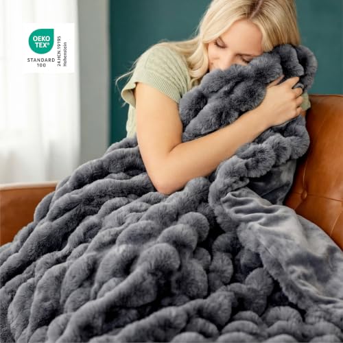 Image of Bedsure Fluffy Bubble Faux Fur Twin Blanket, 60 inchx80 inch, Tie-dye Grey