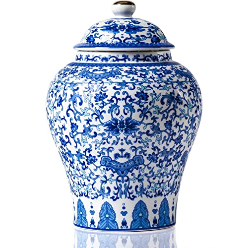 Qinlang Small Ceramic Ginger Jar for Home Decor, Ginger Jar Vase with Lid, Blue and White Lotus Pattern