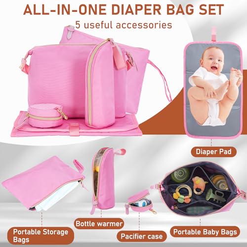 Image of 7pcs Diaper Bag Tote, Large Mommy Travel Diaper bags, Baby Diaper Tote Bag for Mom Hospital Baby, Pink