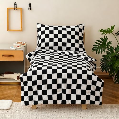 Image of Wellboo Black White Plaid Toddler Bedding Sets for Girls Boys Black and White Checkerboard Grid 4 Pieces Soft Crib Bed Set Including Comforter, Sheets and Pillowcase Kids Checkered Geometric Quilt