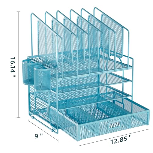 Image of Marbrasse Desk Organizers, 4-Tier Mesh Desk File Organizer with 5 Vertical File Holders and 2 Pen Holders, Multifunction Desktop Organizer,Desk Organizers and Accessories for Home Office (Blue)