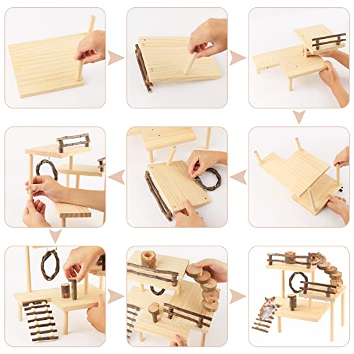 Image of Hamster Climbing Toys 3-Tier Extra Large Hamster Playground Natural Wooden Small Animal Platform Toys Hamster Exercise Activity Climbing Platform with Bridge for Gift