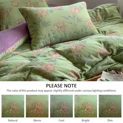 VM VOUGEMARKET Green Flower Duvet Cover Set Twin,3Pcs Yarn-Dyed Linen Cotton Jacquard Duvet Cover with 2 Pillowcases Garden Style Green Purple Bedding Set for Girls Women Without Comforter