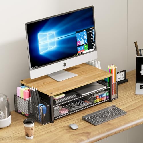Image of OPNICE Desk Organizers and Accessories, Computer Monitor Stand Riser with Drawer and 2 Pen Holders, Printer & Laptop Stand, Office Desk Accessories & Workspace Organizers for Home Office Supplies, Oak