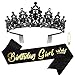 SuPoo Black Birthday Sash Birthday Crown for Women Metal Crown with Comb Glitter Birthday Girls Sash Princess Birthday Decorations Happy Birthday Decorations Gift Quinceanera Crown Party Favor