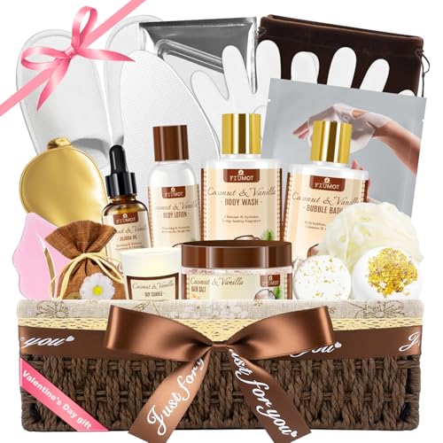 Valentines Day Gifts Bath and Body Gift Basket Set for Women - Coconut Vanilla Spa Gift Basket - Premium 21‑Piece Luxury Bath & Body Gift Set for Self Care - Gift ready for Valentines Birthday Gifts