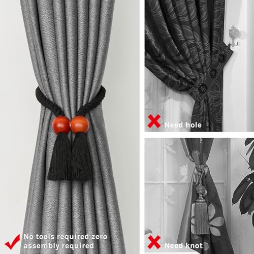 NICEEC 2 Pack Wooden Ball Magnetic Curtain Tiebacks Boho Home Decor Drape Tie Backs Natural Cotton Hand Woven Rope Curtain Holdbacks for Thin & Thick Home & Office Window Draperies (B-Black)