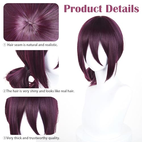 Image of LABEAUTE Reze Wig Short Deep Purple Anime Wig for Girls Women Synthetic Cosplay Wig with Ponytail for Halloween Party Wig + Cap