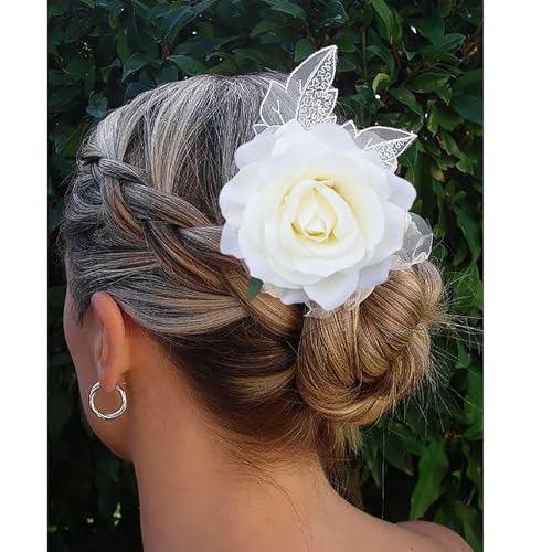 Broche para el cabello grande con flor roja, accesorio de cabeza con rosa roja, pinza floral grande, broche de flor rosa, pasador de novia, accesorio de joyería para mujer doble función miniatura 6