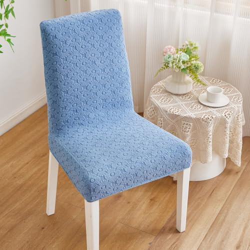 Image of HOMETHREADS Elastic Jacquard Chair Cover Stretch Removable Washable Short Dining Chair Cover Protector Seat Slipcover (D Blue, Pack of 4)