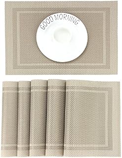 CHAOCHI Placemats set of 6,Easy to Clean Non-slip Heat Resistant Dining Table Mats,Washable Crossweave Woven Vinyl PVC Place mats,45CM x 30CM (Beige)