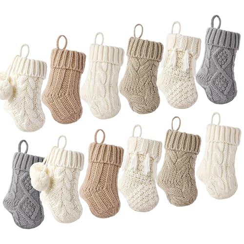 Farmhouse Knitted Mini Christmas Stockings: 12 Pack 7 Inch Cable Knit Fireplace Stockings, Rustic...