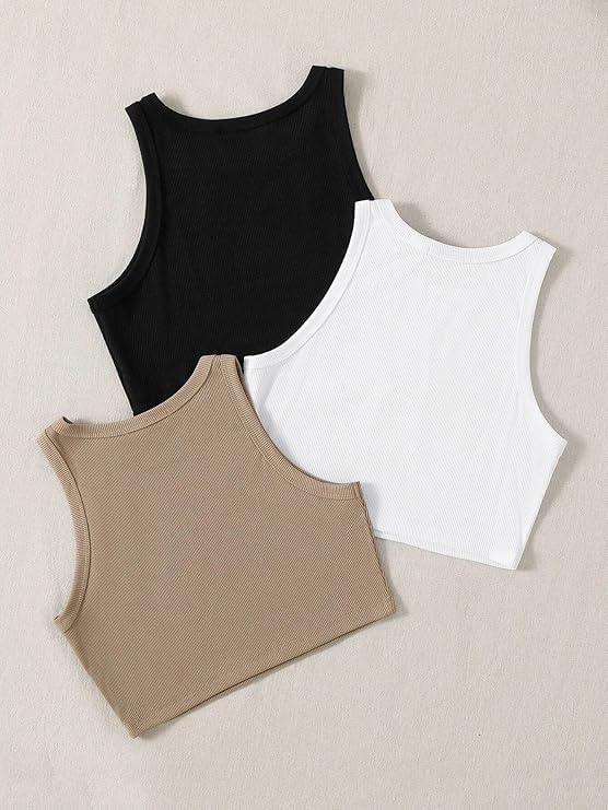 Image of (Pack of 3) Stylish Sleeveless Round Neck Ribbed Tank Tops for Women and Western Crop Top
