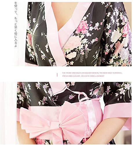 Dames sexy lingerie set in Japanse stijl roze bedrukte kimono badjas pyjama met string, diepe V lage borst bodem open… - Afbeelding 3