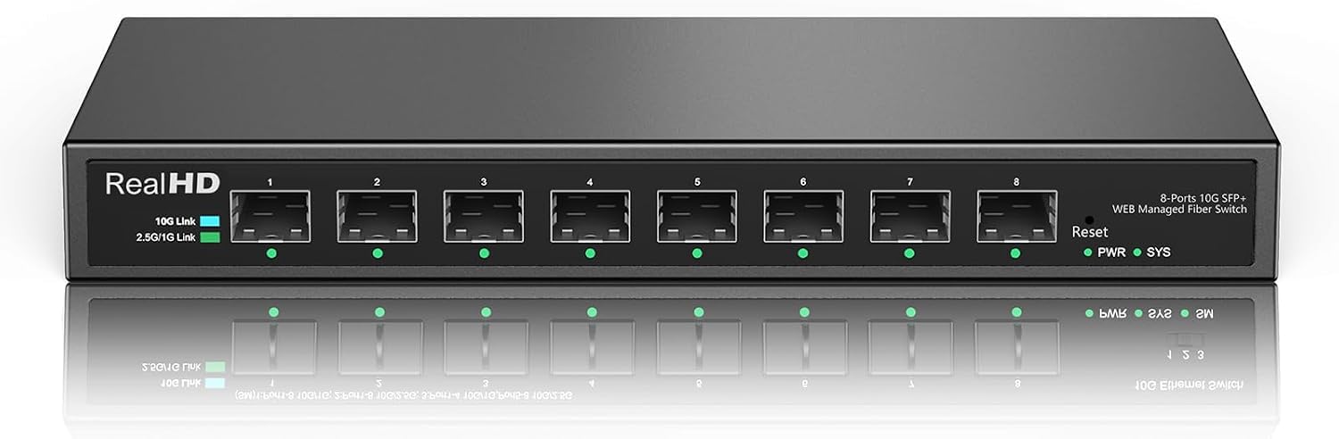 8 port 10gb sfp+ web managed fiber switch with 8 x 10g sfp+ ports | multi-gig 10g-2.5g-1g | fanless | 160g bandwidth | metal casing no rack mount | support jumbo frames/ vlan/ link aggregation/ qos