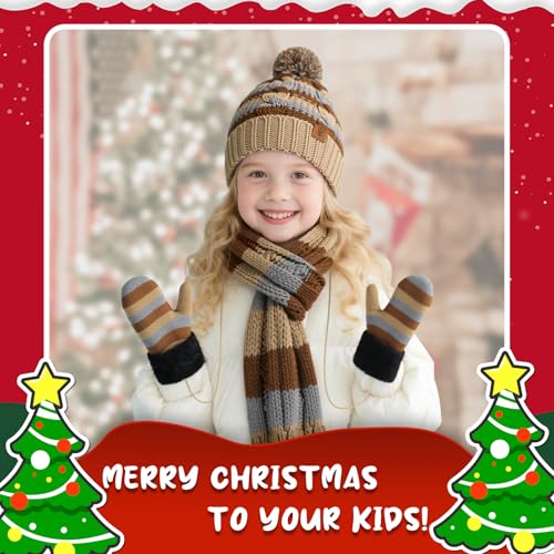 Image of Boys Winter Hat Scarf and Gloves Set for Kids Warm Knitted Hat Mittens and Fleece Neck Warmer Scarf Set for Boys Girls 3pcs