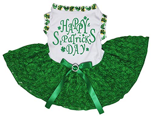 Petitebella Happy St Patrick's Day Puppy Dog Dress (White/Green Floral, Medium)