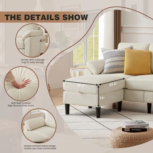 Image of 79.72 inch Corduroy L Shaped Sectional Sofa with Storage Ottoman for Living Room and Small Space