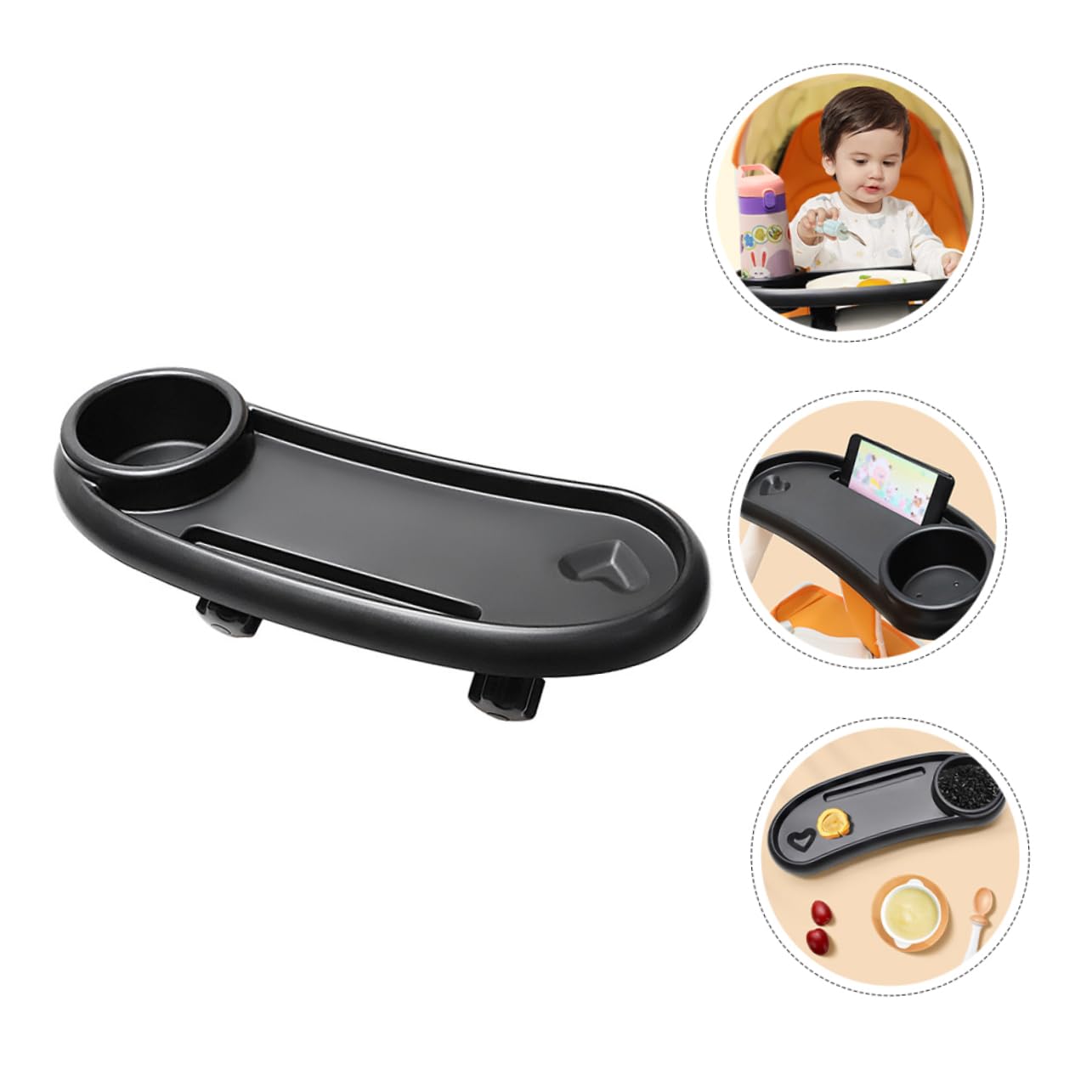 Accessoire Plateau Sécurisé Pratique avec Porte-gobelet Noir et Amovible Repas en Plastique pour Poussette Bébé pour Collation Promenade