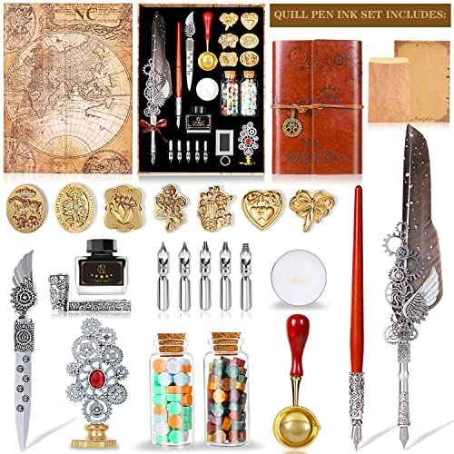 NC Quill Pen Ink Set, Wax Seal Stamp Kit with PU Leather Notebook and Quill Pen,7 Stamp Heads,2 Bottles Wax Beads, for Gift and Decoration,Calligraphy Pen for Writing Letters,Greeting Cards Etc (Grey)