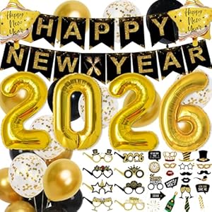2026 Happy New Years Decorations Set New Years Eve Party Supplies 2026, Gold Numbers 2026 Balloons, New Year Photo Props and Happy New Year Glasses