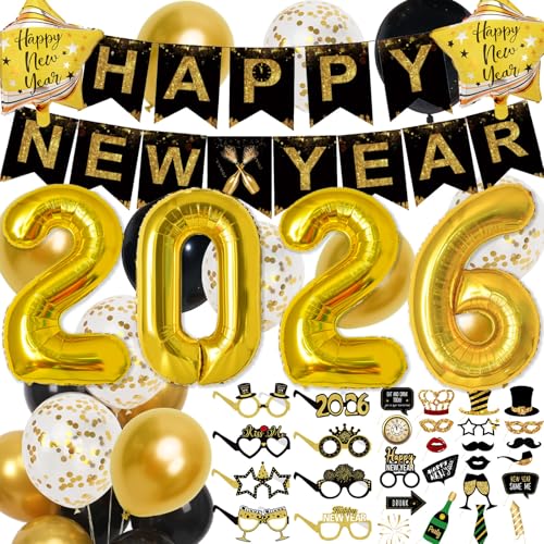 2026 Happy New Years Decorations Set New Years Eve Party Supplies 2026, Gold Numbers 2026 Balloons, New Year Photo Props and Happy New Year Glasses