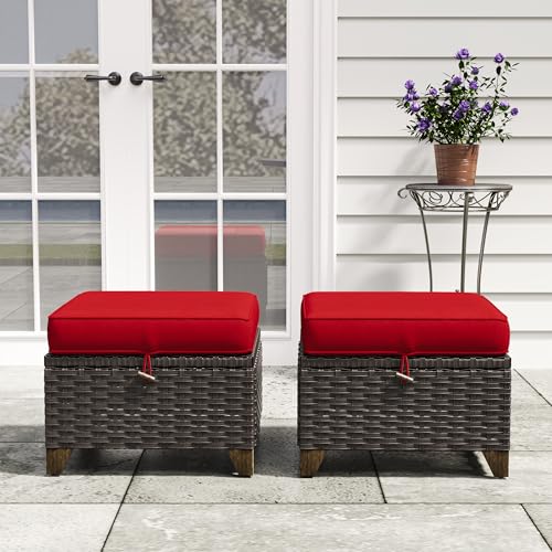 Image of 2 Pieces Patio Outdoor Ottomans with Removable and Washable Covers，PE Rattan Wicker Footstools for Porch, Garden, Sunroom (Red) | Patio Ottoman Set with Olefin Removable Cushion, All-Weather Ottoman with Deep Seat for Porch, Deck and Backyard, Red