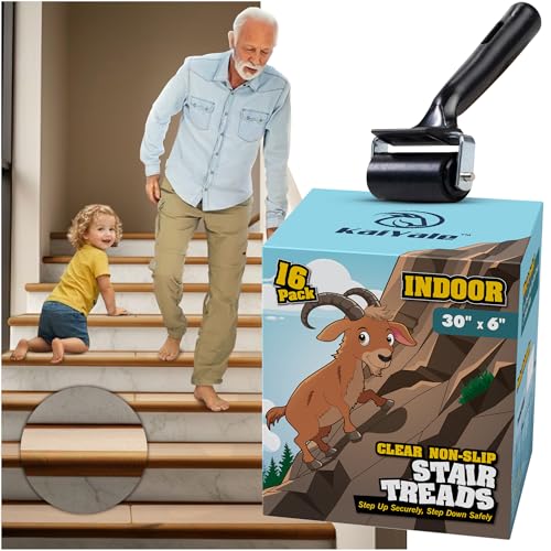 16 Pack Clear Stair Treads for Wooden Steps Indoor - 30'x6' Non Slip Stair Treads Indoor. Self Adhesive, Safe Anti Slip Tape for Kids, Seniors & Pets. Staircase Step Tread Includes Rubber Roller