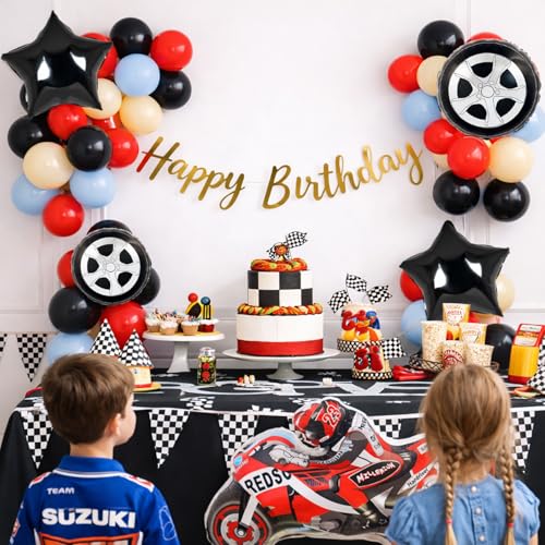 Image of Bike Theme Birthday Decoration Kit with Gold Happy Birthday Banner - Racing Bike Theme Party Decoration for Kids Boys Birthday - Pack of 43 Pcs
