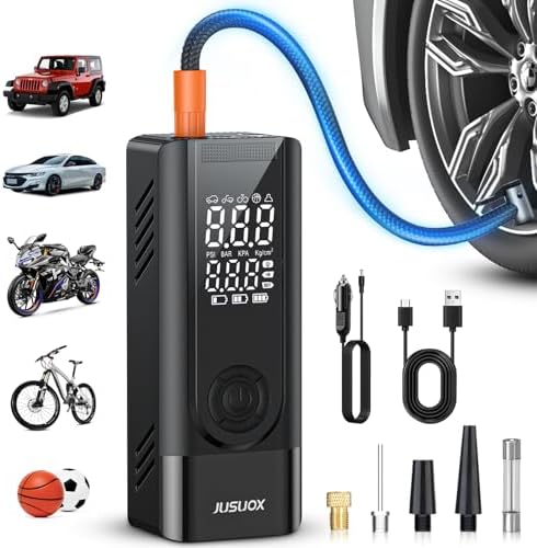 JUSUOX Tire Inflator Portable Air Compressor, 150PSI Cordless Air Pump for Car Tires, Battery & 12V DC Dual Power Electric Bike Tire Pump with Digital Pressure Gauge, LED Light, for Motorcycle, Ball