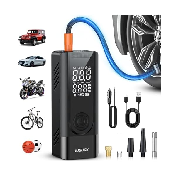 Tire Inflator Portable Air Compressor, 150PSI Cordless Air Pump for Car Tires, Battery & 12V DC Dual Power Electric Bike Tire Pump with Digital Pressure Gauge, LED Light, for Motorcycle, Ball