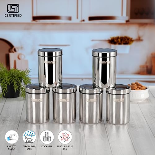 Image of Sumeet ISI Certified Stainless Steel Air Tight Storage Container /Jar /Canister /Dabba with Threading Screw Cap for Kitchen - Pack of 6Pc, 8.3cm, 550ml, Silver