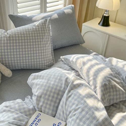 Image of mixinni Light Blue Gingham Duvet Cover Set Queen Size - 100% Washed Cotton 3 Piece Plaid Checkered Bedding Set, Soft Comfy Grid Farmhouse Comforter Cover with Zipper Closure & Corner Ties