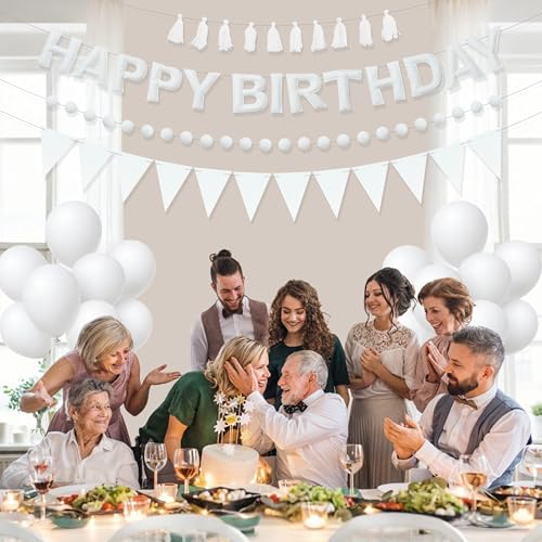 Image of White Themed Birthday Decoration Set, White Pre-Strung 3D Felt Happy Birthday Banners, Pom-Pom Garland, Party Pennant Felt Banner Flags, Tassel Garland, Balloons, Reusable Party Decor,Photo Prop