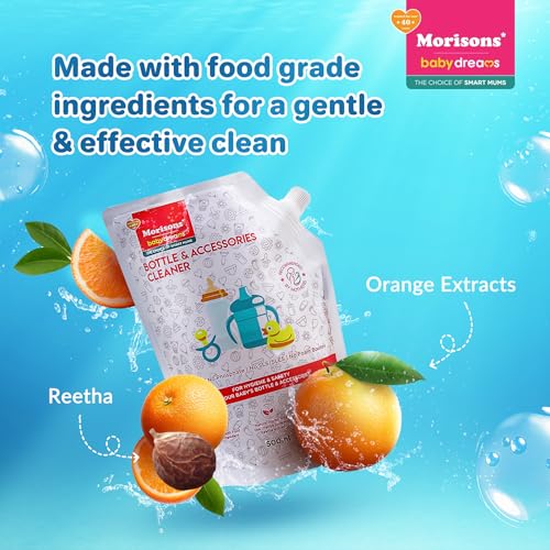 Image of Morisons Baby Dreams Bottle & Accessories Cleaner - Refill Pack 500ml (Pack of 2) | Removes milk odour & stains effectively | Anti-bacterial | Made with Food Grade Ingredients I