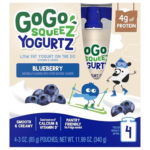 GoGo squeeZ yogurtZ Blueberry, 3 oz. (4 Pouches) - Kids Snacks Made from Real Yogurt Fruit - Pantry Friendly Snack, No Fridge Needed - No Preservatives - Kosher Certified - Gluten Free Snacks for Kids