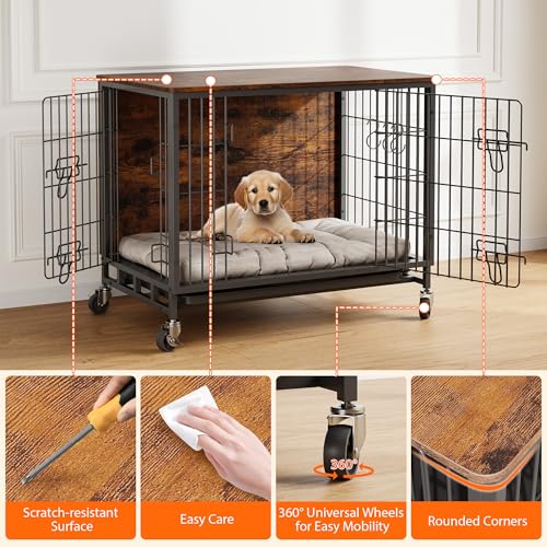 Dog Crate Furniture, 27.2" Wooden Dog Kennel with Wheels & Double Doors, Dog Cage End Table Upgraded, Indoor Dog Crate House for Small Medium Dogs, Rustic Brown - Image 5