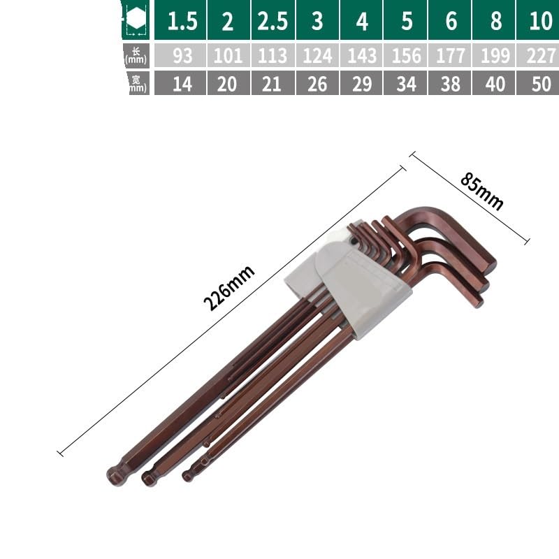 9-teiliges Inbusschlüssel Set 1,5-10 mm aus S2 Stahl, Kugelkopf Winkelschlüssel Satz, Lange L-Form Inbusschlüssel für Fahrrad, Werkstatt und Heimwerker(S2 9pcs b)
