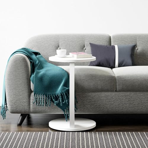 Image of Multipurpose Round Coffee Table, Wooden Couch Sofa Table that Slides Under, C-Shaped End Table for Living Room, Bedroom, or Apartment (White)