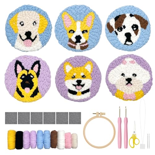 Punch Needle Kit for Adults Beginners, 6-Piece Cute Dogs Punch Needle Coaster Kit – Easy DIY Embroidery Craft Set with Instructions – Animal Needlepoint Tufting for Table Decor & Festival Gifts